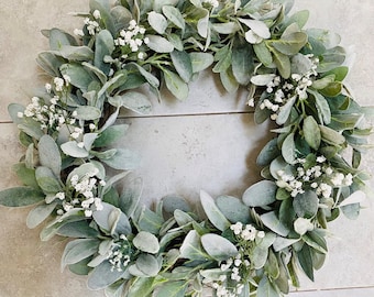 Year Round Lambs Ear Wreath w/ Baby's Breath, Spring, Greenery Wreath, Front Door Wreath, Cottage core, Mothers Day Gift