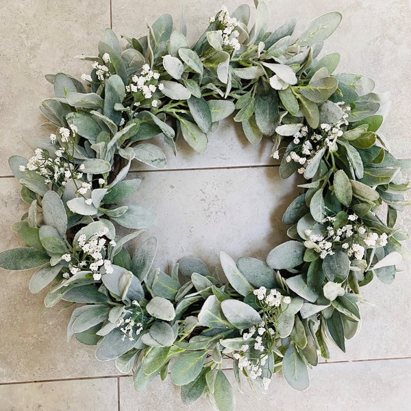 Year Round Lambs Ear Wreath w/ Baby's Breath, Spring, Greenery Wreath, Front Door Wreath, Cottage core, Mothers Day Gift
