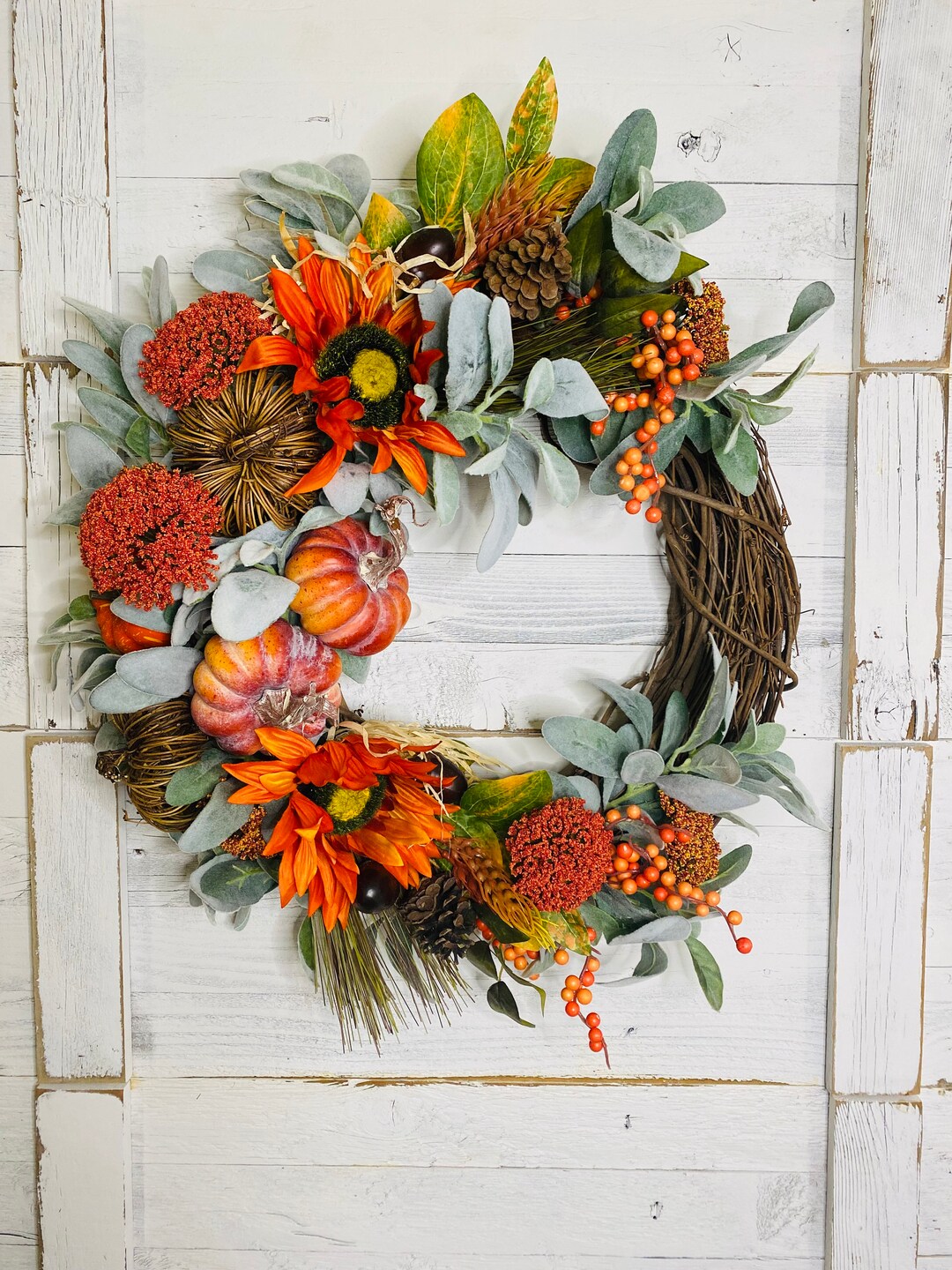 Fall Lambs Ear Wreath With Pumpkins and Berries, Autumn Wreath, Wreath ...