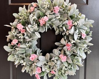 Summer Wreath for front Door, Lambs Ear Wreath with Petite Pink Roses, Spring Farmhouse Wreath, Lambs Ear Greenery Wreath, Mothers Day Gift