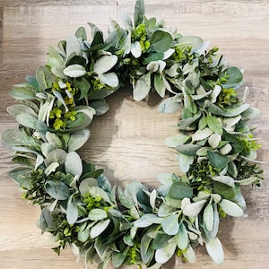 Lambs Ear, Eucalyptus, Boxwood Wreath, Farmhouse Wreath, Lambs Ear Greenery Wreath, Year round wreath