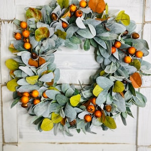 Fall Lambs Ear Wreath: Orange Berries & Acorn Front Door Decor