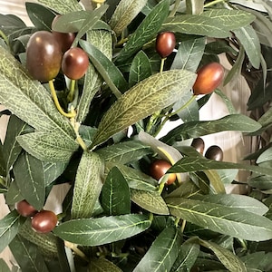 May include: A close-up of a green olive branch with brown olives. The branch is made of artificial materials and is perfect for adding a touch of nature to your home decor.
