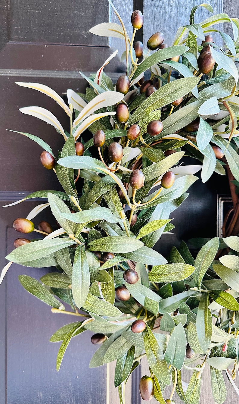 May include: A green olive branch wreath with dark brown olives. The wreath is made of artificial leaves and olives.