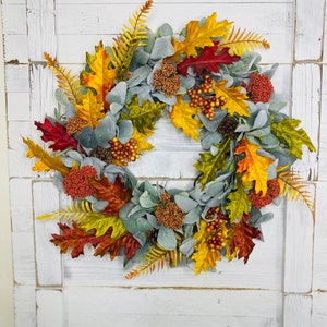 Fall Lambs Ear Wreath W/ Fall Foliage, Farmhouse Wreath, Autumn Wreath ...