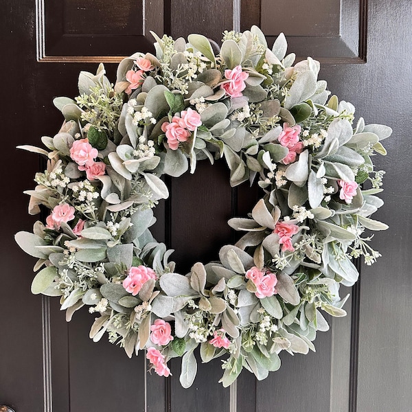 Lambs Ear Wreath: Pink Roses, Spring Farmhouse Door Decor