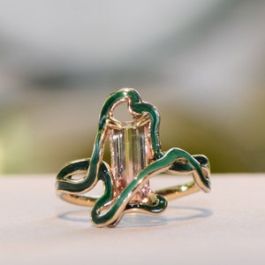 Art Nouveau-inspired ring with Pink Tourmaline, Art Nouveau-Style Statement Ring, Colorful Unique Ring, Green Tourmaline Ring, Cold Enamel