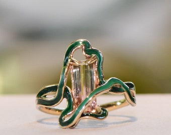 Art Nouveau-inspired ring with Pink Tourmaline, Art Nouveau-Style Statement Ring, Colorful Unique Ring, Green Tourmaline Ring, Cold Enamel