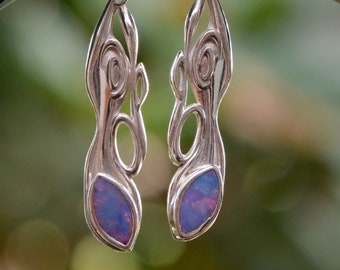 Opal Swirl Earrings, Silver and Opal Earrings, Ring and Earrings Jewelry Set, Silver Opal Dangle Earrings