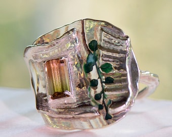 Pink-Green Tourmaline Ring, Silver and Tourmaline Statement Ring, Branch Detail Ring, Cold Enamel Detail Ring, Watermelon Tourmaline Ring