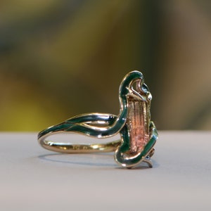 Art Nouveau-inspired ring with Pink Tourmaline, Art Nouveau-Style Statement Ring, Colorful Unique Ring, Green Tourmaline Ring, Cold Enamel image 3