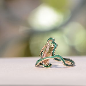 Art Nouveau-inspired ring with Pink Tourmaline, Art Nouveau-Style Statement Ring, Colorful Unique Ring, Green Tourmaline Ring, Cold Enamel image 2