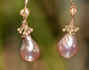 Pink Pearl Drop Wedding Earrings with 14K Gold and Tiny Diamonds