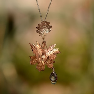 Autumn Leaves, Yellow, White, and Rose 14K Gold Pendant with Aquamarine Drop