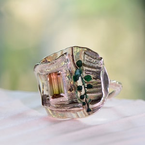 Pink-Green Tourmaline and Silver Statement Ring, Size 7 image 1