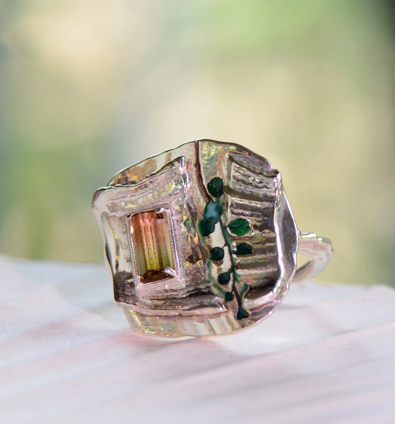 Pink-Green Tourmaline and Silver Statement Ring, Size 7 image 1