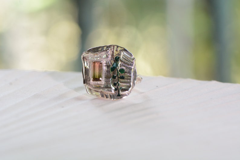 Pink-Green Tourmaline and Silver Statement Ring, Size 7 image 8