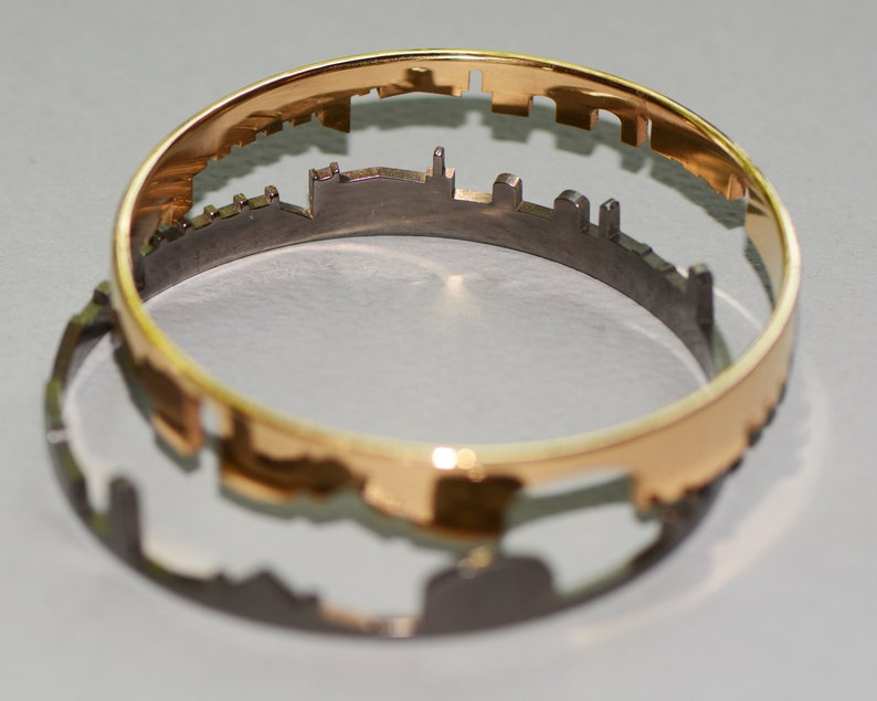 Jerusalem Interlocking Bangle Bracelets in Gold and Silver with Old City Skyline image 9
