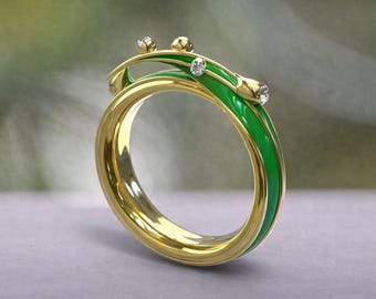 Anillo de oro de 14 k con esmalte botánico y gotas de rocío de diamantes y hierba verde