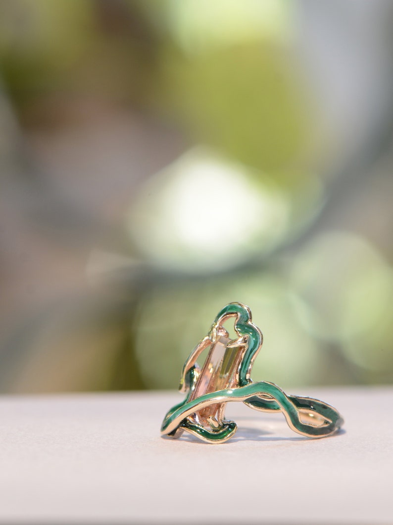 Art Nouveau-inspired ring with Pink Tourmaline, Art Nouveau-Style Statement Ring, Colorful Unique Ring, Green Tourmaline Ring, Cold Enamel image 2