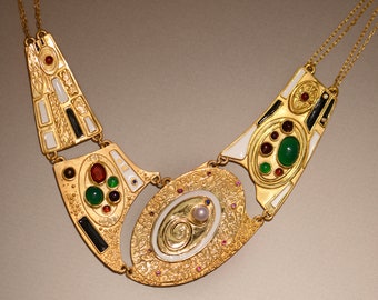 Klimt-Inspired Gold-Plated Bib Necklace with Precious Stones, Ornate Design Statement Piece, Athena's Armor Necklace