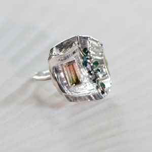 Pink-Green Tourmaline and Silver Statement Ring, Size 7 image 2