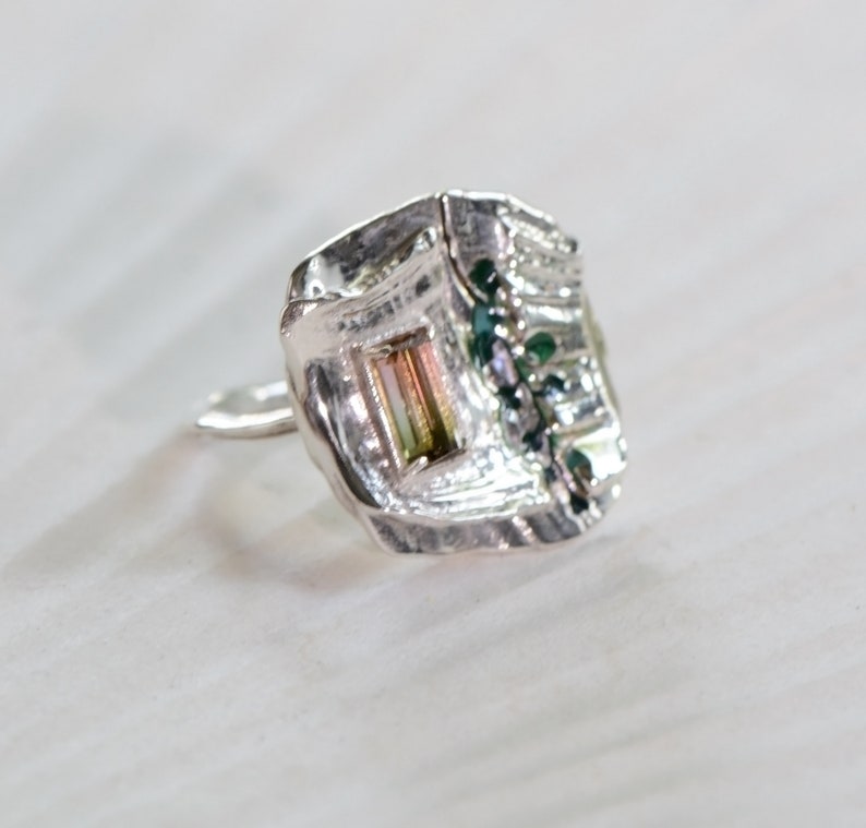 Pink-Green Tourmaline and Silver Statement Ring, Size 7 image 2