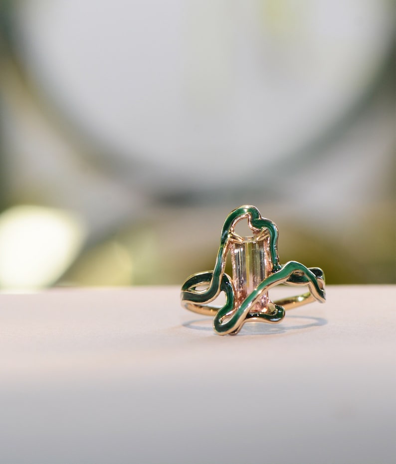 Art Nouveau-inspired ring with Pink Tourmaline, Art Nouveau-Style Statement Ring, Colorful Unique Ring, Green Tourmaline Ring, Cold Enamel image 1