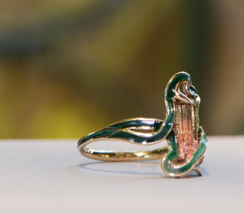 Art Nouveau-inspired ring with Pink Tourmaline, Art Nouveau-Style Statement Ring, Colorful Unique Ring, Green Tourmaline Ring, Cold Enamel image 10
