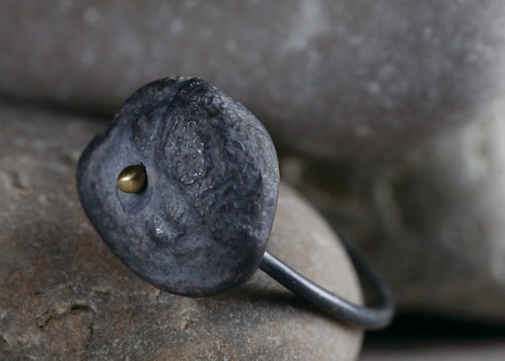 Etched Black Silver Pebble Ring, Artisan Handcrafted
