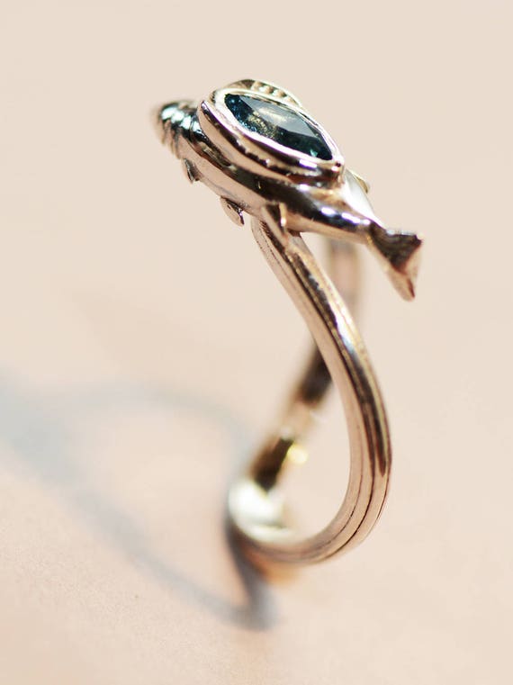 Silver and Aquamarine Fish Curved Wave Ring, Pisces Gift Silver and Aquamarine Fish Curved Wave Ring, Pisces Gift