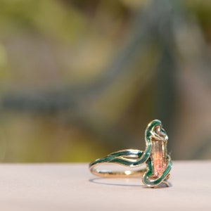 Art Nouveau-inspired ring with Pink Tourmaline, Art Nouveau-Style Statement Ring, Colorful Unique Ring, Green Tourmaline Ring, Cold Enamel image 6