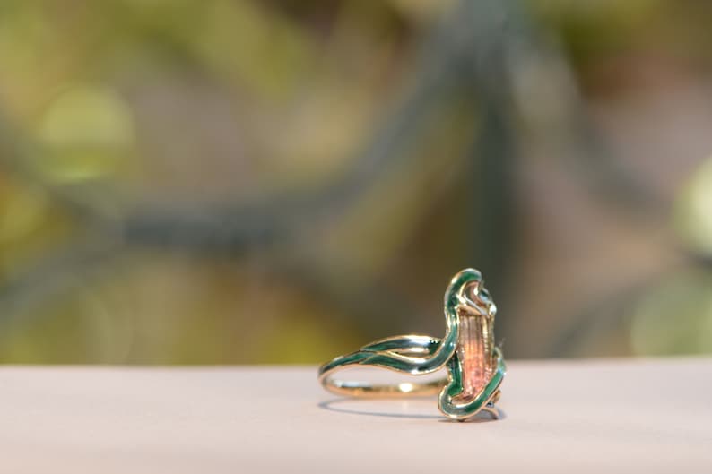 Art Nouveau-inspired ring with Pink Tourmaline, Art Nouveau-Style Statement Ring, Colorful Unique Ring, Green Tourmaline Ring, Cold Enamel image 6