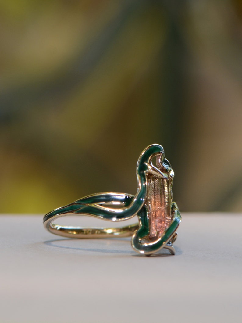 Art Nouveau-inspired ring with Pink Tourmaline, Art Nouveau-Style Statement Ring, Colorful Unique Ring, Green Tourmaline Ring, Cold Enamel image 3