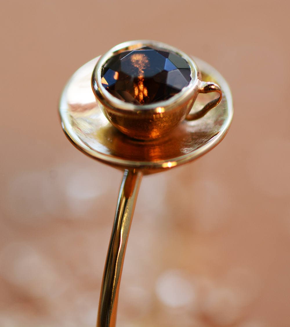 Coffee Cup Golden Ring Smoky Quartz Ring Gold Ring Joke Etsy