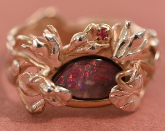 Blooming Cyclamens Ring, Gold Plated Flower Ring with Opal and Ruby