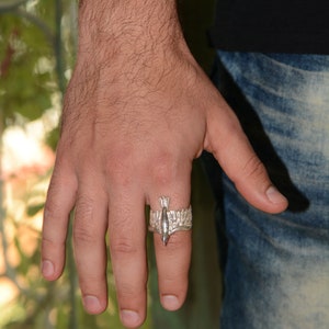 Men's Eagle Wings Silver Statement Ring with Sapphire Detail image 5