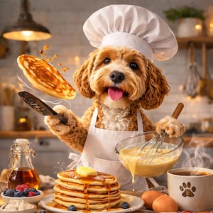 May include: A dog dressed as a chef, wearing a white apron and chef's hat, flipping a pancake with a spatula. A stack of pancakes with butter and syrup sits on a plate. Other ingredients include eggs, blueberries, and a mug with a paw print.