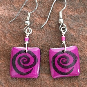 spiral earrings, swirl earrings, circle of life earrings, fuchsia earring, pink earrings, journey in search of the center