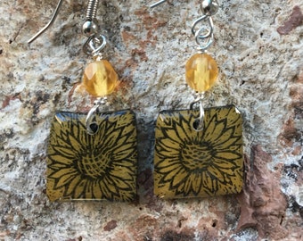 sunflower earring, sunflower jewelry, sunflower, sunflower french wire, yellow earring