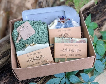 Handmade Bath Gift Set with Natural Artisan Soaps and Crocheted Washcloth, Eco Friendly Soap Dish. Zero Waste Holiday Gift Box