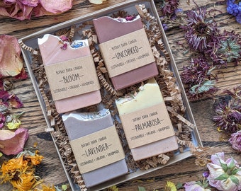 Organic Soaps Mini Gift Set of 4 - Artisan Soap, Eco-Friendly Wellness Gift of Half Bar Soaps, Self-Care Box, Best Friend Pampering Gift