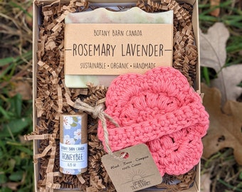 Self Care Personalized Gift with Organic Soap, Eco Friendly Lip Balm and Crochet Flower Scrubby. Handmade Mother's Day Gift, Zero Waste Gift
