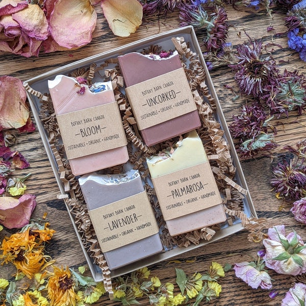 Organic Soaps Mini Gift Set of 4 - Artisan Soap, Eco-Friendly Wellness Gift of Half Bar Soaps, Self-Care Box, Best Friend Pampering Gift