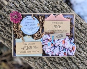 Self Care Gift for Mother's Day - Wellness Spa Gift with Organic Artisan Soaps, Handmade Floral Scrunchie and Eco Friendly Lotion Bar