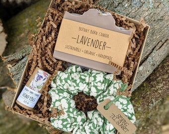 Handmade Natural Gift Set With Organic Soap, Biodegradable Lip Balm & Handmade Scrunchie. Self Care Kit for New Mom, Zero Waste Beauty Gift