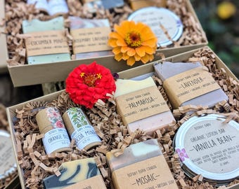Organic Bath & Body Box with Handmade Soap, Organic Lotion, Eco Friendly Lip Balm. Personalized Luxury Gift, Sustainable Present for Mom
