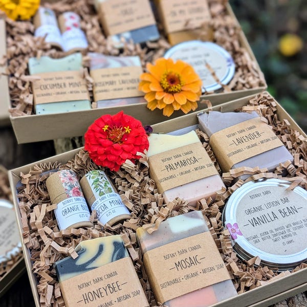 Organic Bath & Body Box with Handmade Soap, Organic Lotion, Eco Friendly Lip Balm. Personalized Luxury Gift, Sustainable Present for Mom