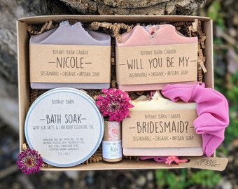 Personalized Bridesmaid Proposal Box. Spa Gift with Custom Soap Labels, Handmade Lip Balm, Bath Soak & Scrunchie. Eco Friendly Bridal Gift