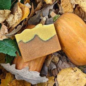 A bar of artisan soap, orange and yellow in colour, nestled amongst some gourds and autumn leaves.